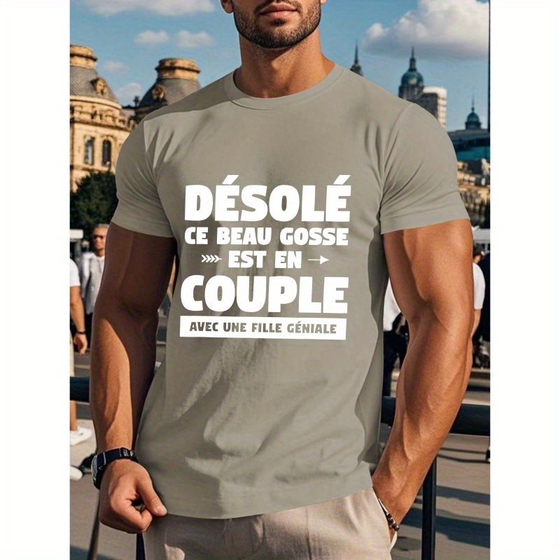 

T-Shirt Décontracté pour Homme avec Française - Imprimé "Desolece coupé", Manches Courtes, Col Rond, Polyester, Haut d'Été, Lavable en Machine