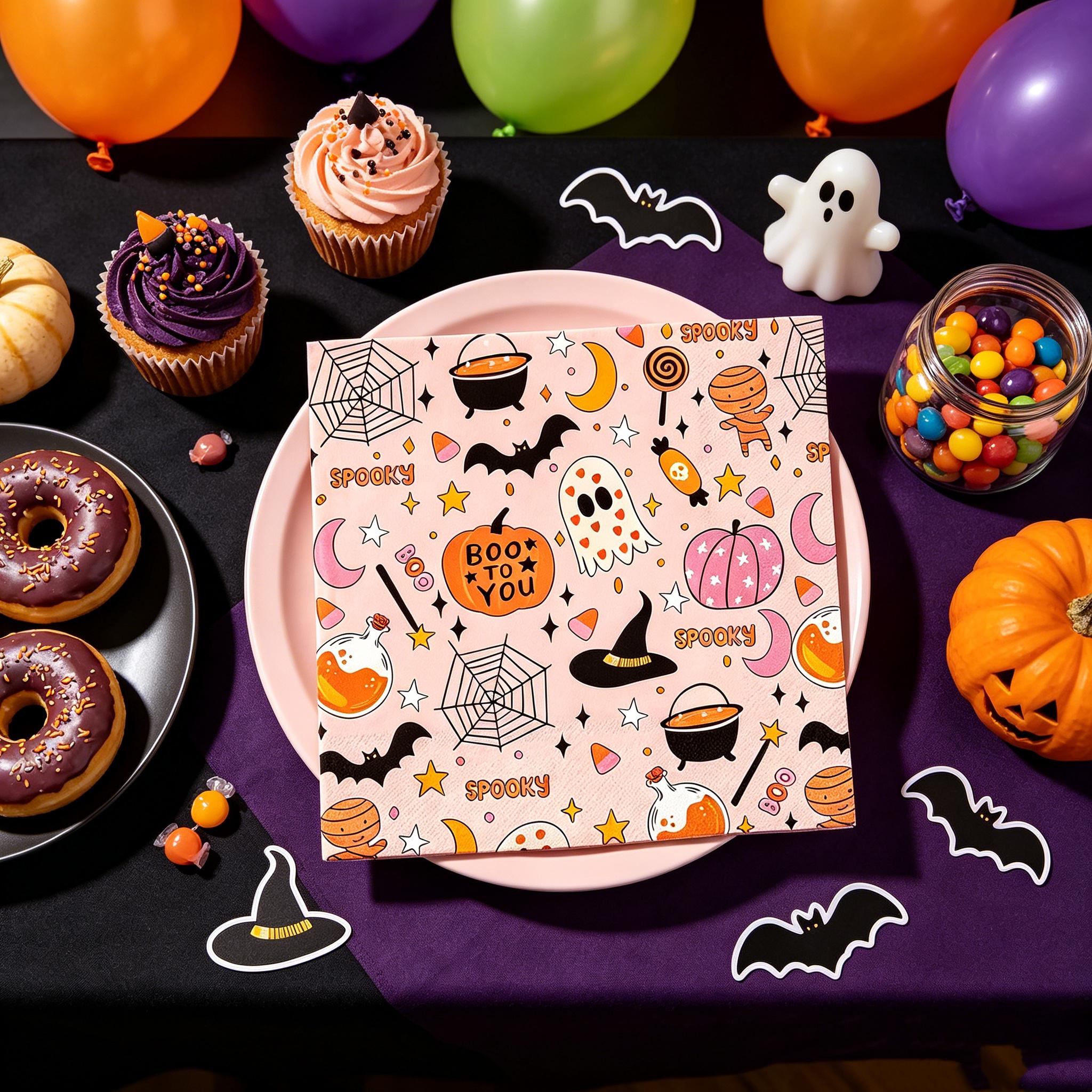 TEMU 7 tovaglioli usa e getta rosa da , stampa Halloween, spessi, stile e , per decorare a tema Halloween, idea regalo per le feste