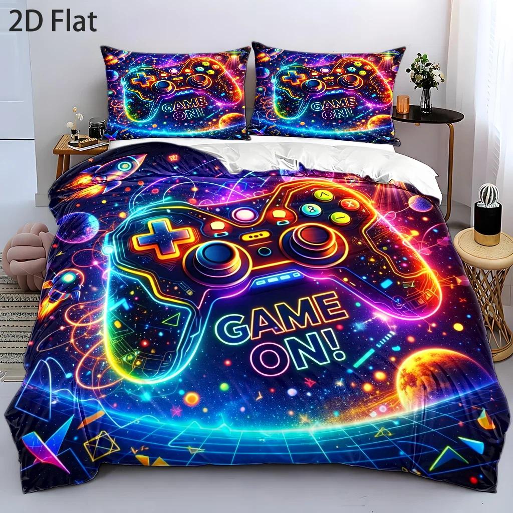 TEMU 3pcs Duvet Cover Set, 1pc Duvet Cover And 2pcs Pillowcases (no Filling) 2d Flat Printing, Neon Game Controller, Abstract , Gaming Festival,