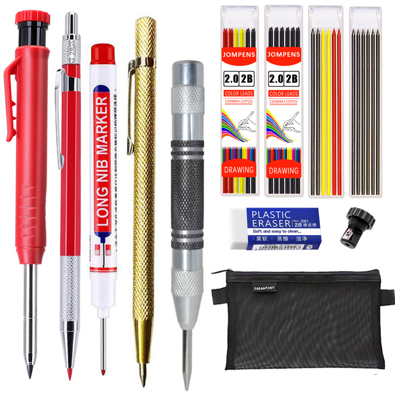 E-shop Professionelles Holzbearbeitungs-Markierset mit drei Spezifikationen – Mehrfarbiger Markierstift/Automatischer Bleistift + Bohrpositionierer +