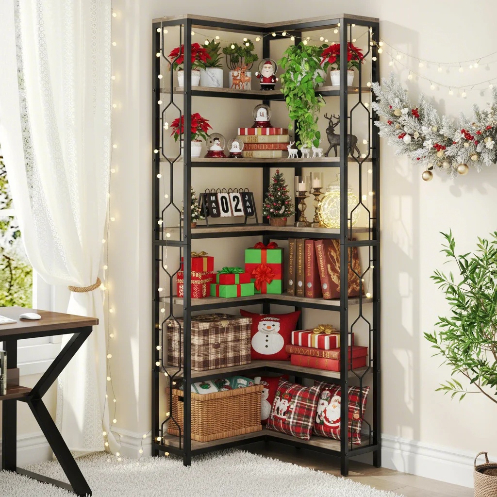 78.7 Inches High, 7-tier Corner Bookshelf, Industrial L-shaped Display Bookcase Suitable For Living Room, Bedroom, Or Home Office, In Grey (1pc)