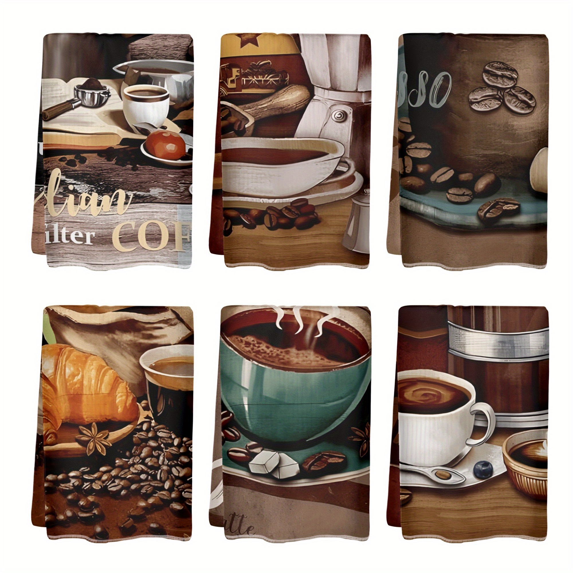 Image of Of 6 Coffee-themed Dish Towels, Perfect For , Decorative Absorbent Cloths Suitable For And Bathrooms, Ideal As Seasonal Gifts