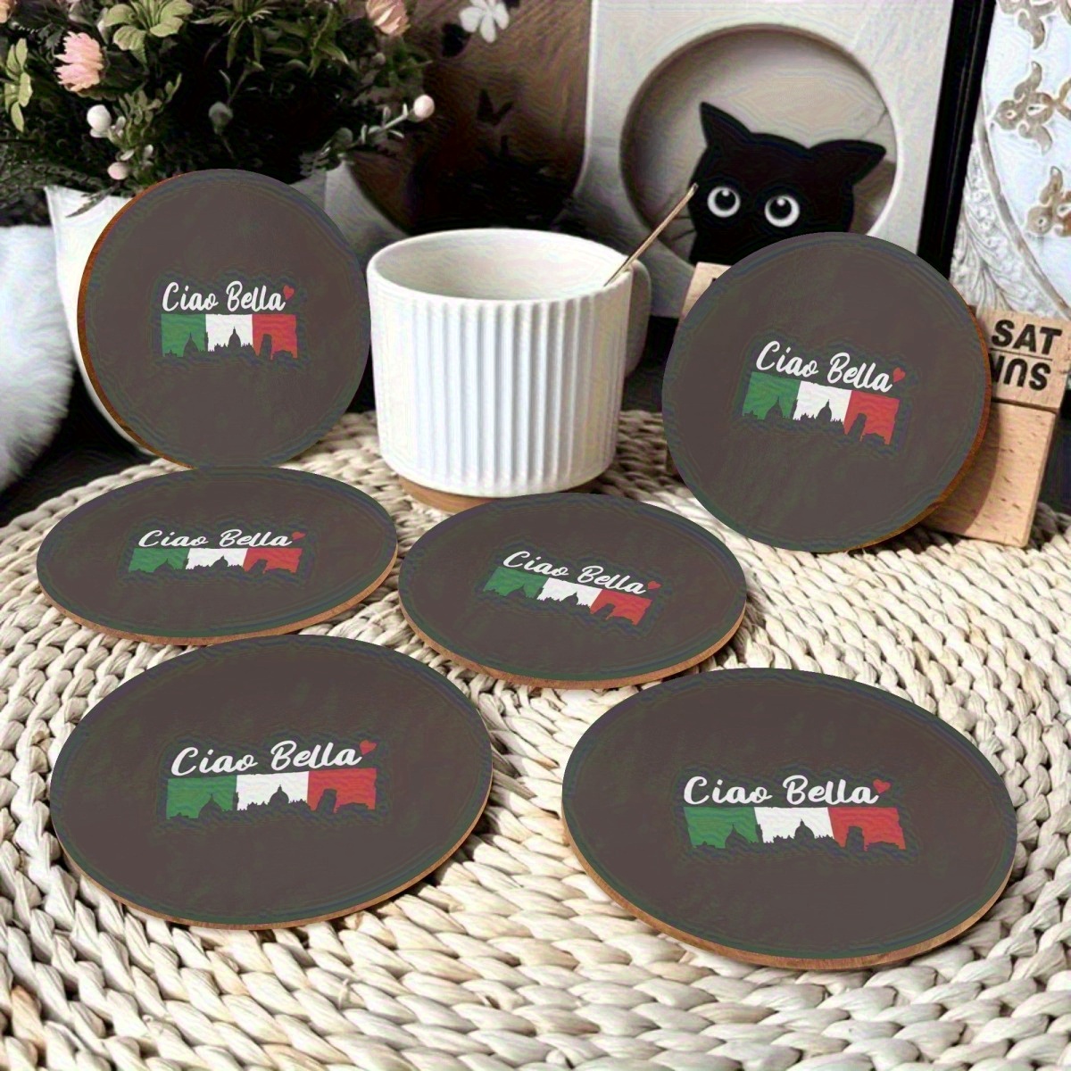 Image of 6pcs Bella Round Coaster Set- Dark Gray, Italian Design Wooden Coasters, Suitable Birthdays, Housewarming, And Youth Desktop| Italian Pattern| Wooden Coaster Set