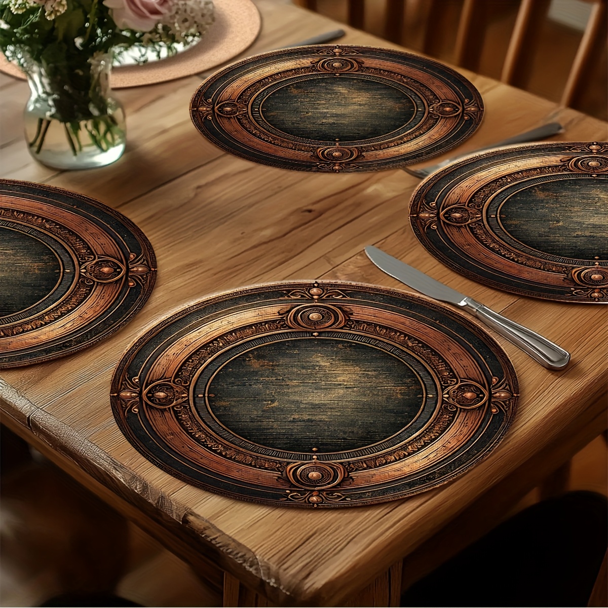 4pcs Elegant Dark Brown& Round Placemats- 15x15 Inch, Durable, Machine Washable- Perfect For Dinner Parties& Kitchen Deco