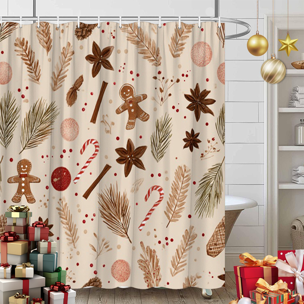 TEMU 1pc Christmas Shower Curtain With Gingerbread For Man, Candy Cane, & Evergreen Patterns - Semi-translucent Bath Curtain Suitable For Bathtub Or
