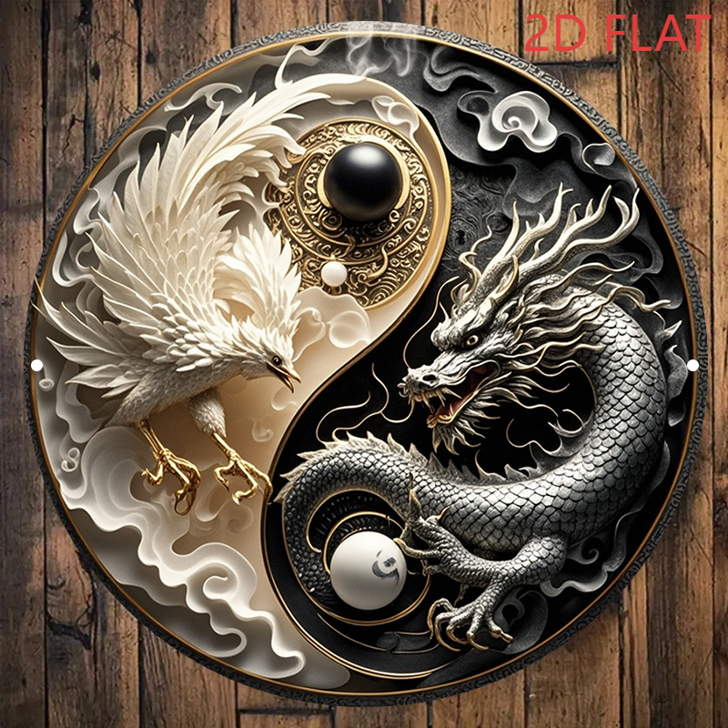 TEMU 2d Flat, 1pc 2d Flat Poster, 1pc Yin Yang Symbol Wall Decor - Traditional Chinese Dragon And Phoenix Emblem, 8-inch Round Decoration, Suitable