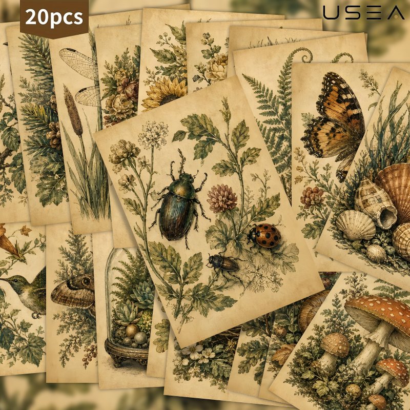 TEMU 20pcs Vintage Botanical Postcard Set Cottagecore Nature Art Postcards With Mushroom Insect Plant For Wall Decor Scrapbooking Greeting Mailing