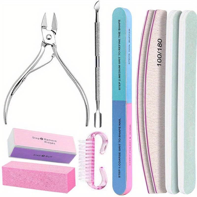 10pcs/lot Nail /180 Grit Professional Files Buffer Sponge Nail Scissors Kit With Cuticle Pushers Manicure Set Gel Polish Tools