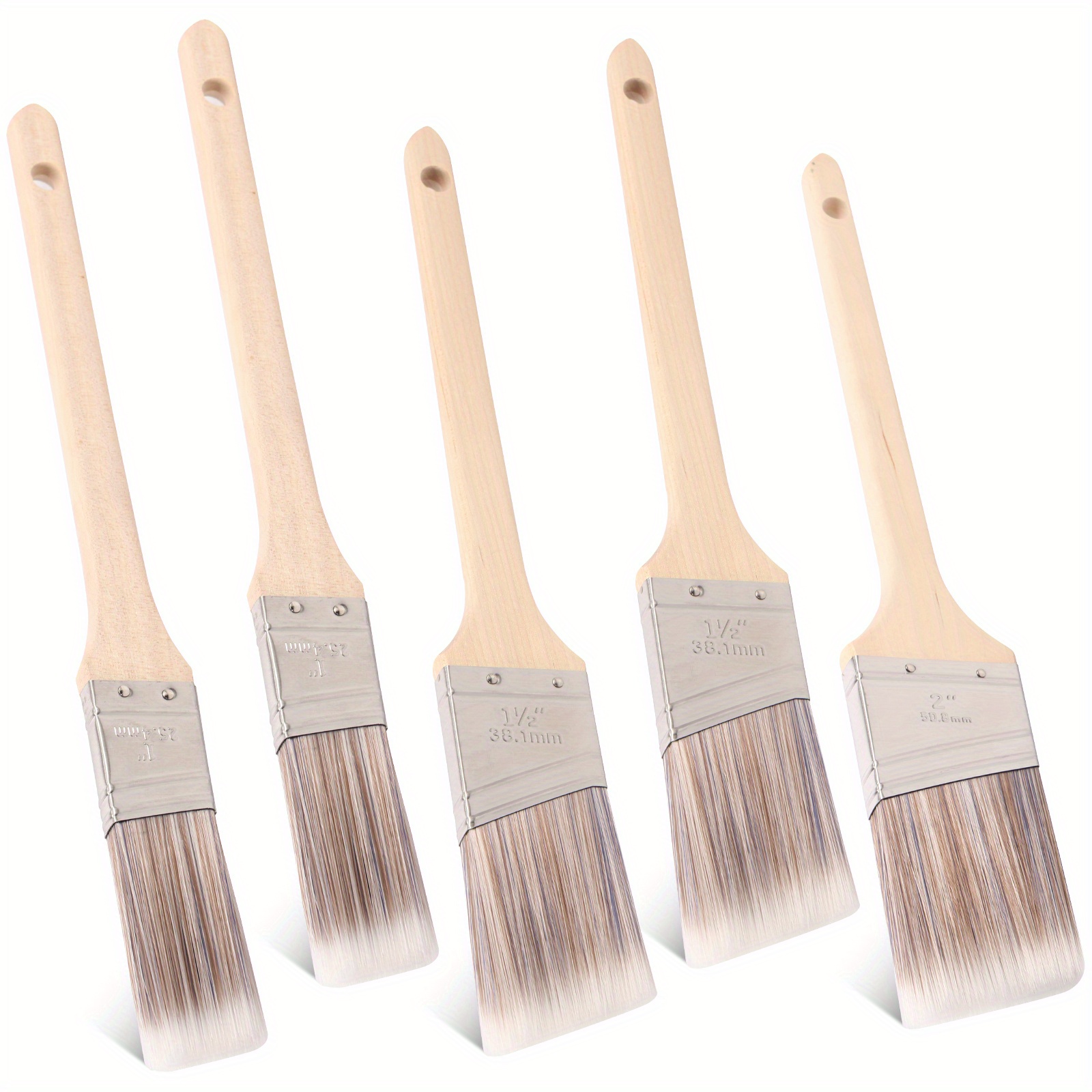 5pcs Professional Angled Sash Brush Set - Thin Soft Bristles, Wood Handle & Stainless Steel Ferrule for Doors, Trim, Furniture & Enamel Paint (3 Sizes)