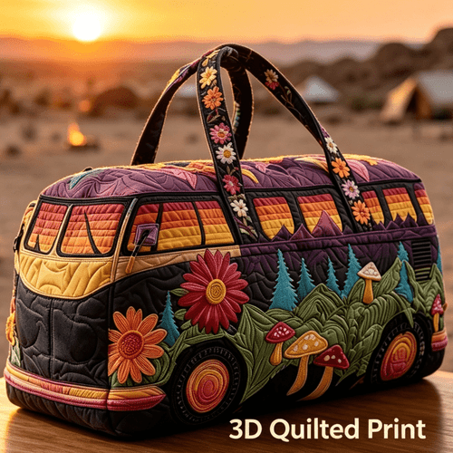 item picture van 3d quilted print womens travel duffle retro floral motif large capacity top handle weekender overnight luggage bohemian style for camping holiday outdoor use
