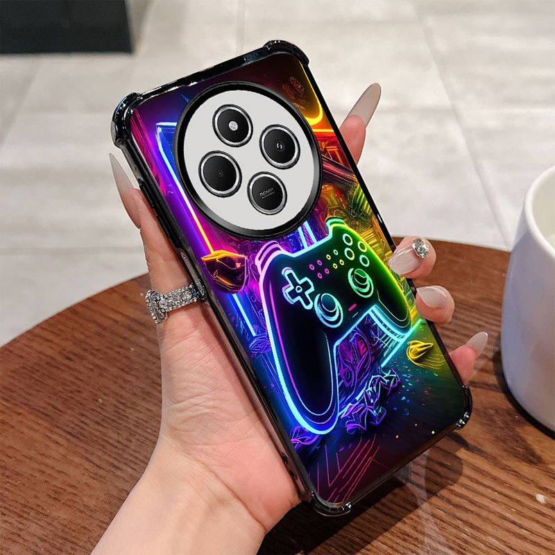 TEMU para teléfono: Diseño a prueba de golpes de mando de juego con luz de neón, carcasa transparente negra de cobertura total, para Redmi 14C 4G