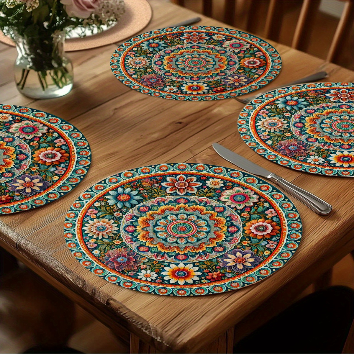 TEMU 4pcs Bohemian Mandala Placemats Round Table Mats Suitable For Dining Table, Multicolor Mandala Patterns With Turquoise, Orange, Pink, Green,