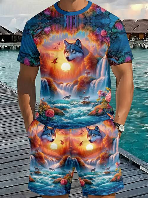 mens 3 print round neck short sleeve set featuring a with a colorful wolf and waterfall design casual and cultural themed outfits a summer essential for trendy guys
