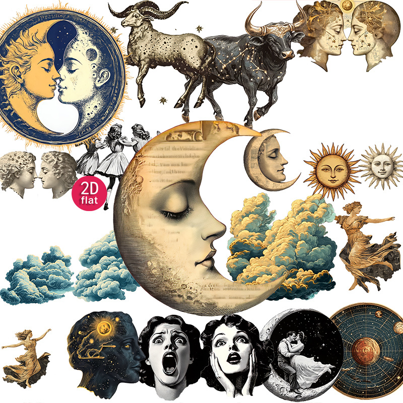 TEMU 20pcs 2d Flat Stickers, Vintage Astrology Zodiac Series, And Moon Patterns, For Journal, , Notebook, , Diaries, Photo Albums, Cutting Decoration