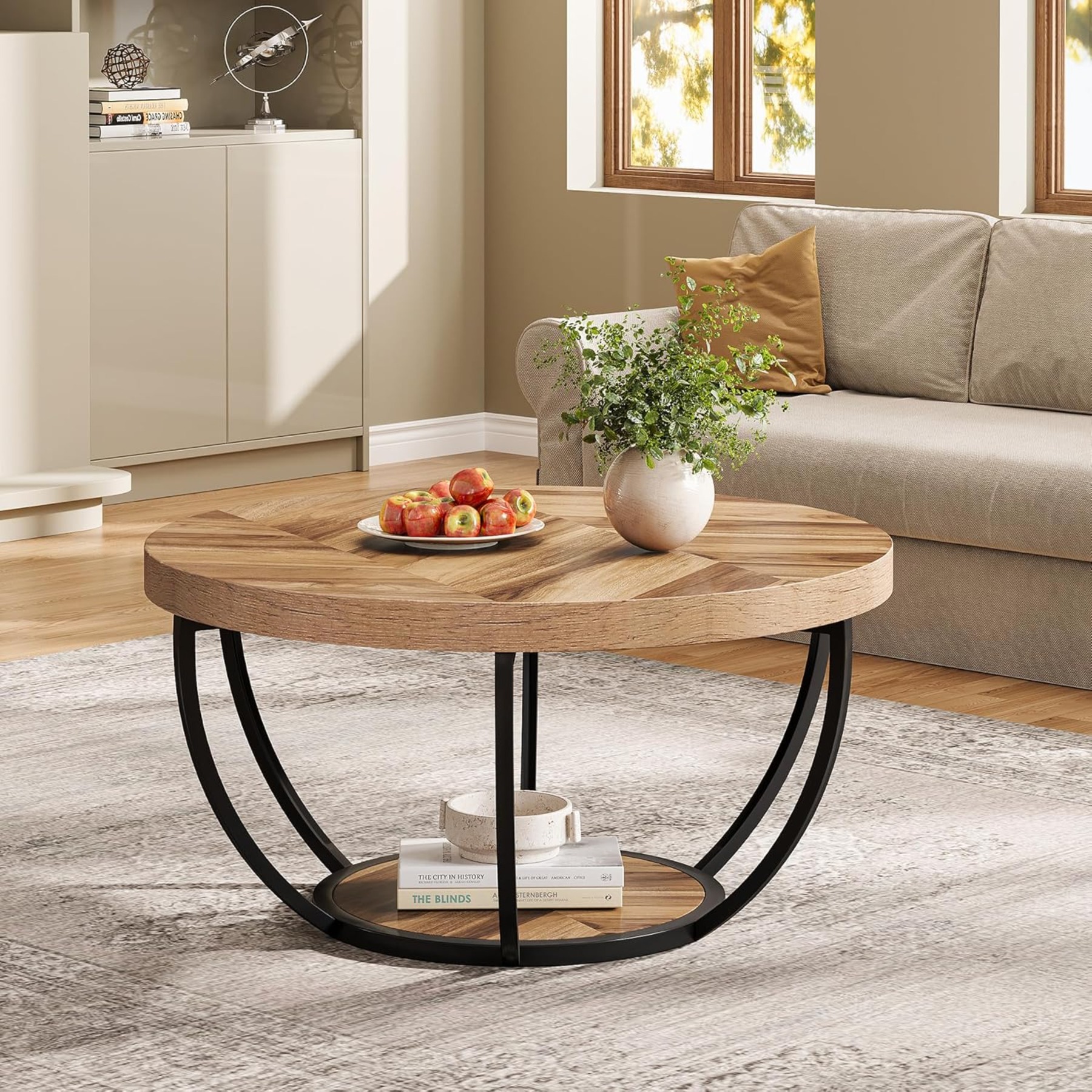 31.7" Round Industrial Coffee Table With 2-tier Storage Shelves, Modern Wood & Metal Accent Center Table For Living Office, Easy Assembly