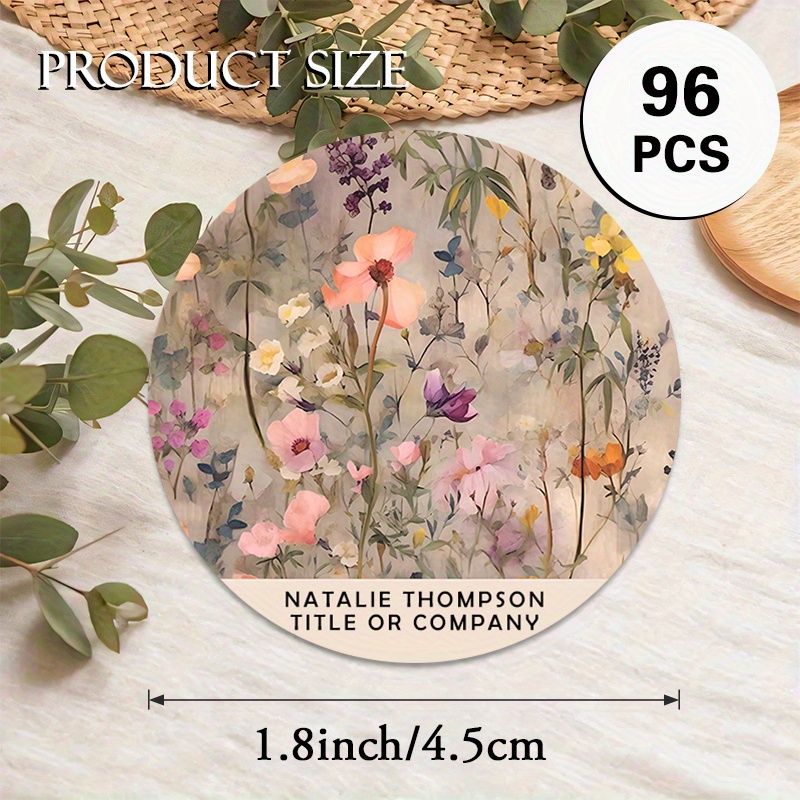 TEMU Custom 48/96pcs Floral Round Stickers, Personalizable With Name, , Etc. Watercolor Design. Cards, Event Badges, Product Labels, Etc.