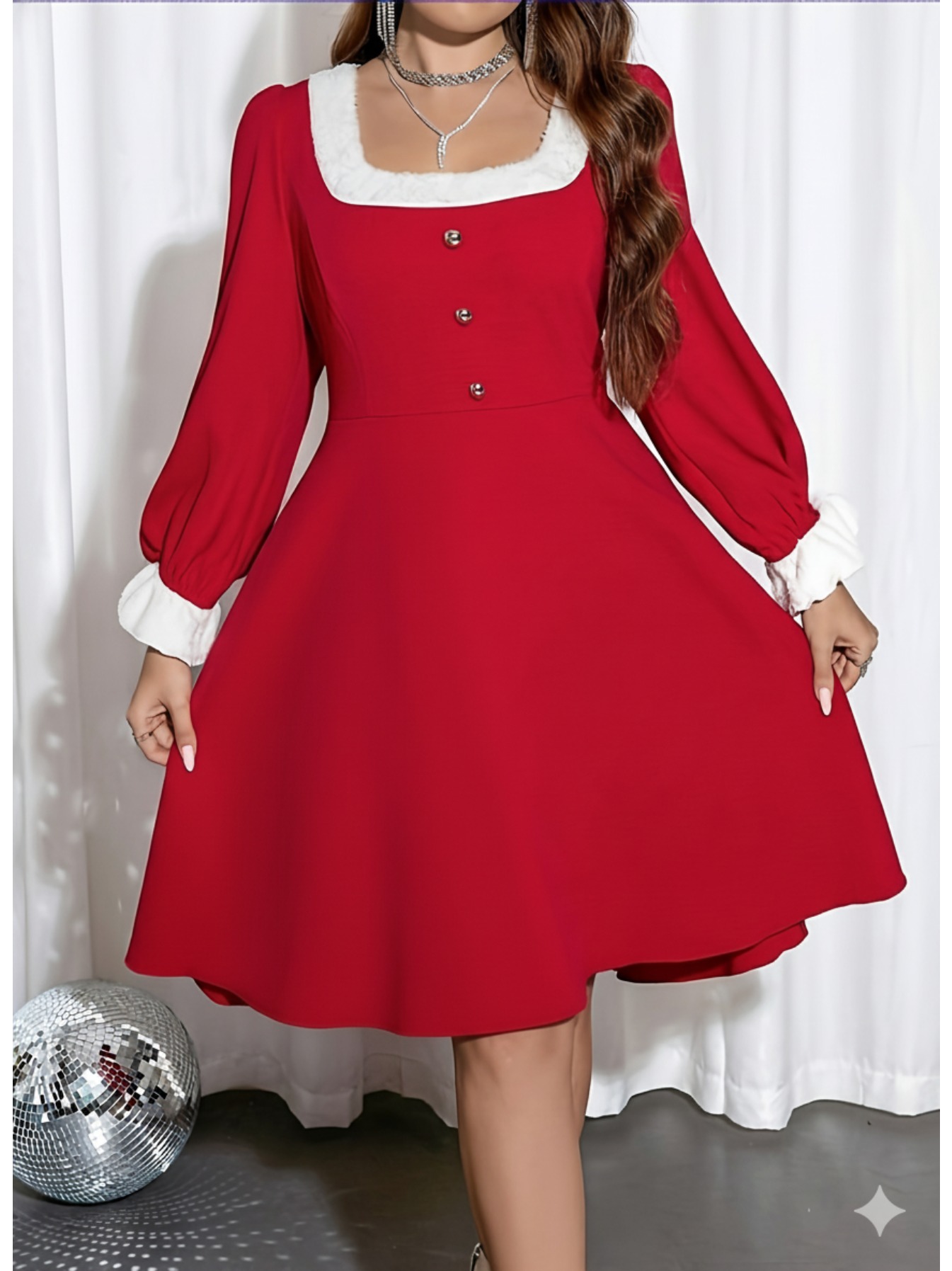 plus size christmas dress [Plus Size] Red & Green 1950s Christmas Snowflake Swing Dress main image 1