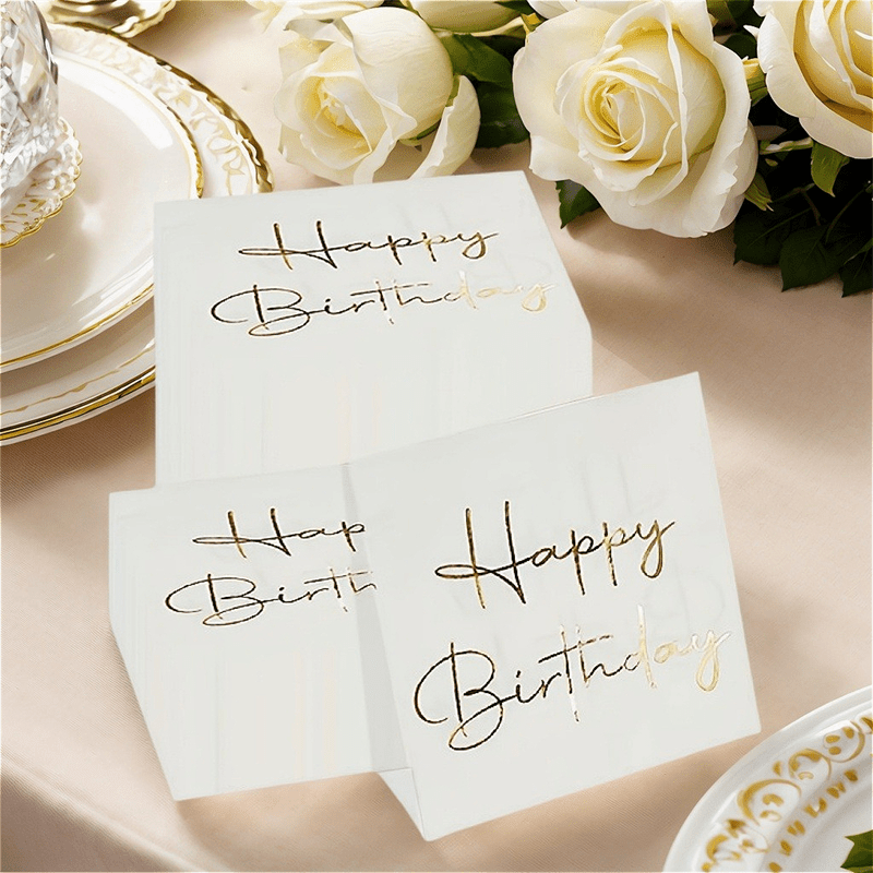 TEMU 10pcs/60pcs Paper Birthday Disposable Napkins, White Drink Tissues, Birthday Party Table Decoration Supplies, Elegant Golden Writing Birthday