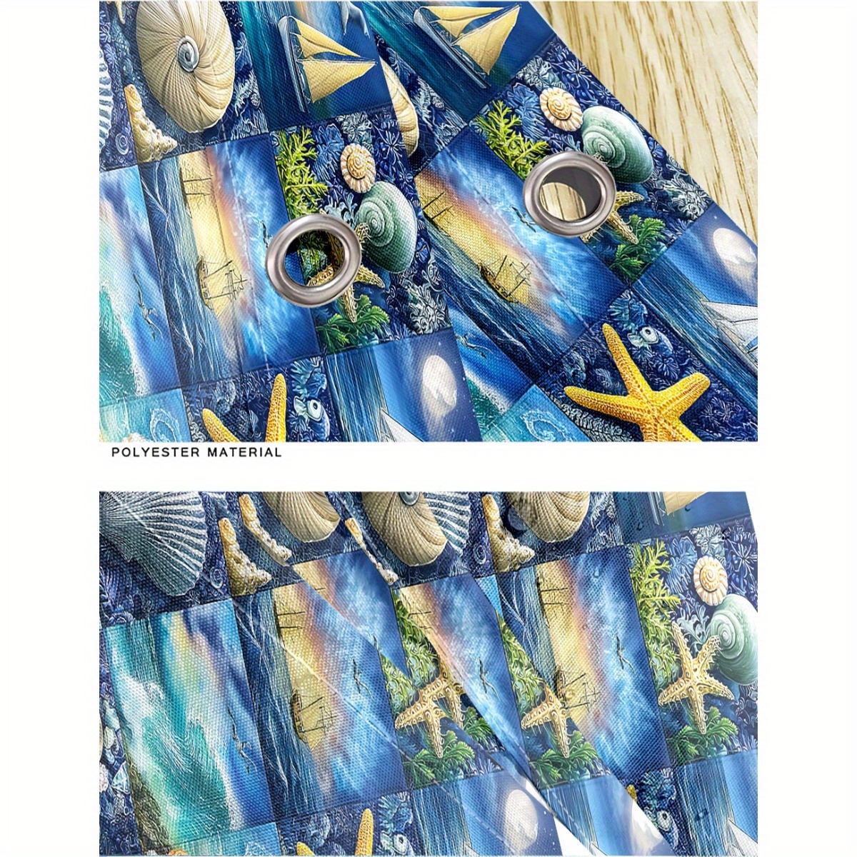 Seashells and Stars Pattern Shower Curtain Set, 4pcs