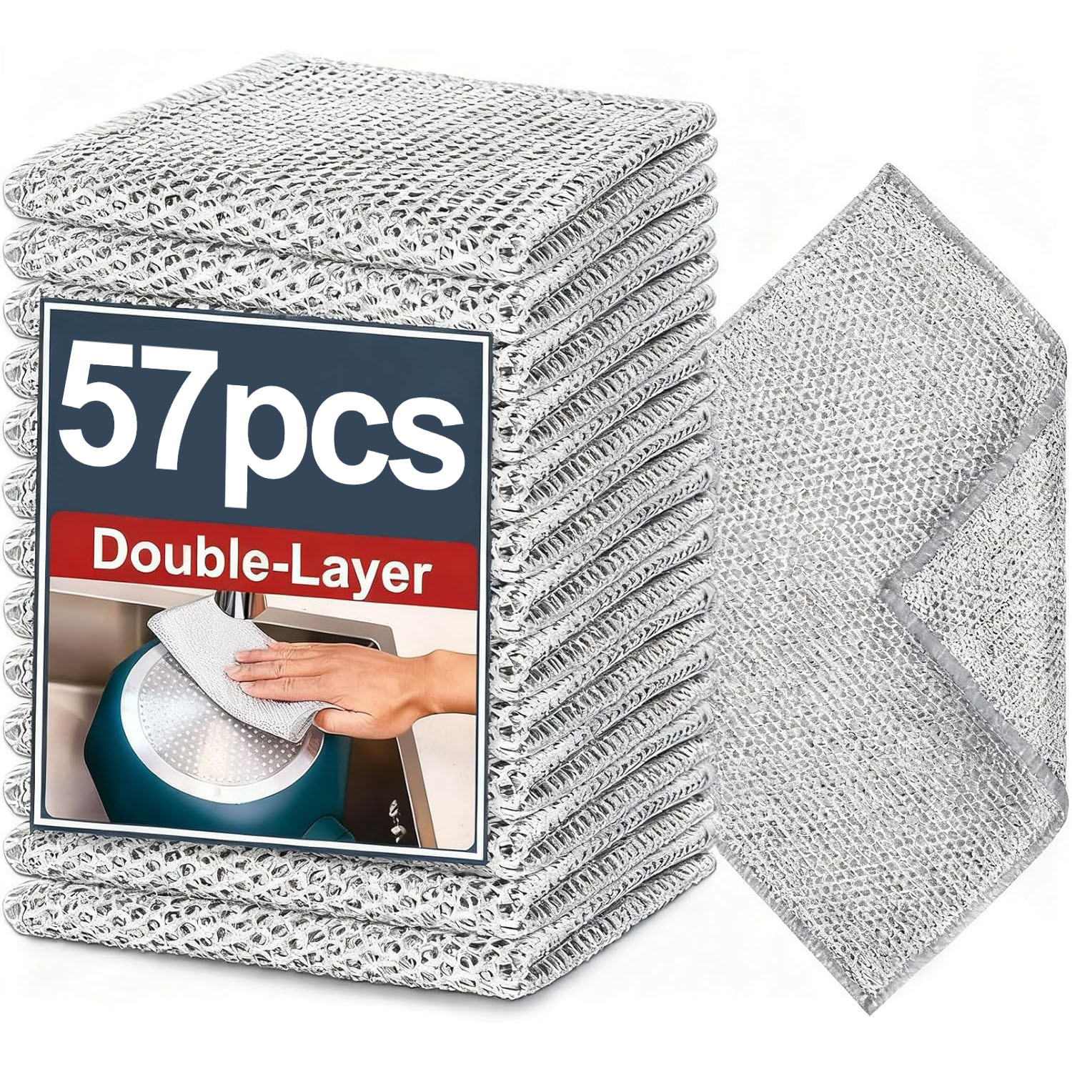 Image of 57 Pack Double-layer Non Scratch Cleaning Cloth, Dish Towel, Kitchen Wiping Pad, Suitable For Dry And Wet Use, Fiber Cleaning Cloth, Designed For Metal And Tableware
