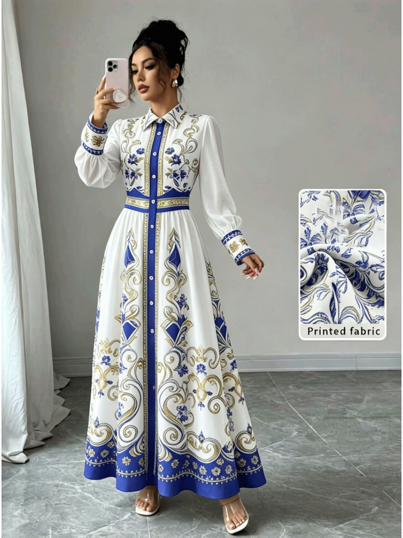 White & Blue Baroque Print Maxi Shirt Dress
