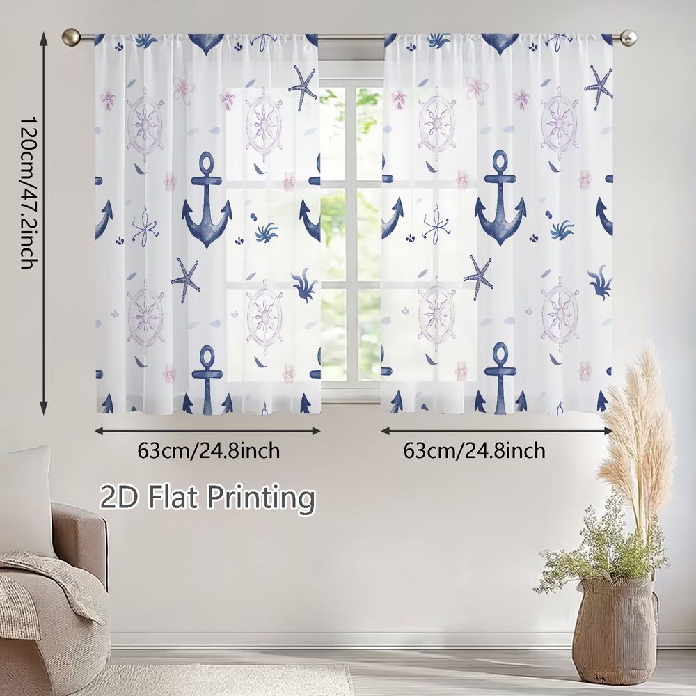 TEMU 2D Flat - 2D Flat - Transparente Gardinen mit nautischem Blumendesign, Marine-Anker und Lavendel-Schiffsrädern, zum Dekorieren von Fenstern in
