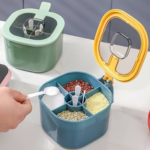 random color 1pc 4 in 1 large capacity seasoning box with lid and spoon durable abs material four grid integrated covered multi functional household kitchen condiment box sugar msg salt storage box suitable for home kitchen organization salt