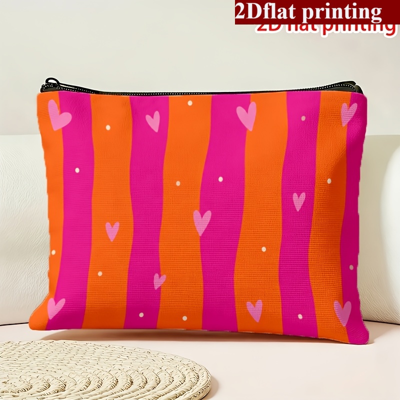 TEMU Borsa da trucco 2D stampata a figura piatta, 1 pezzo, , facile, , rosa, a righe ondulate, con cuore, stampata su entrambi i lati, organizer di