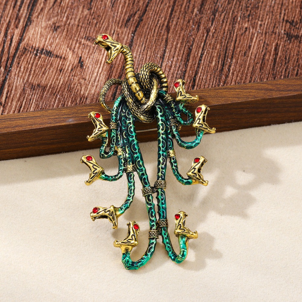 Image of Mythical Hydra Brooch With Vintage Golden- & Red Rhinestone Eyes, & Mysterious Accessory For Edgy Charm To Jackets, Coats, Dresses And Statement Outfits