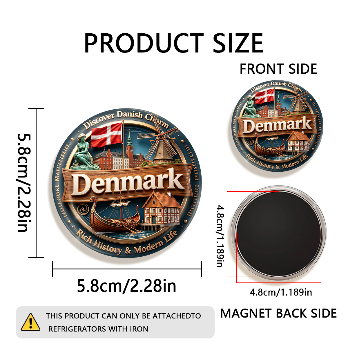 TEMU 1 stuk 2D platte Denemarken Ontdek Deense charme duurzame ronde koelkastmagneet, geschikt voor bevestiging op koelkasten, whiteboards, handwerk,