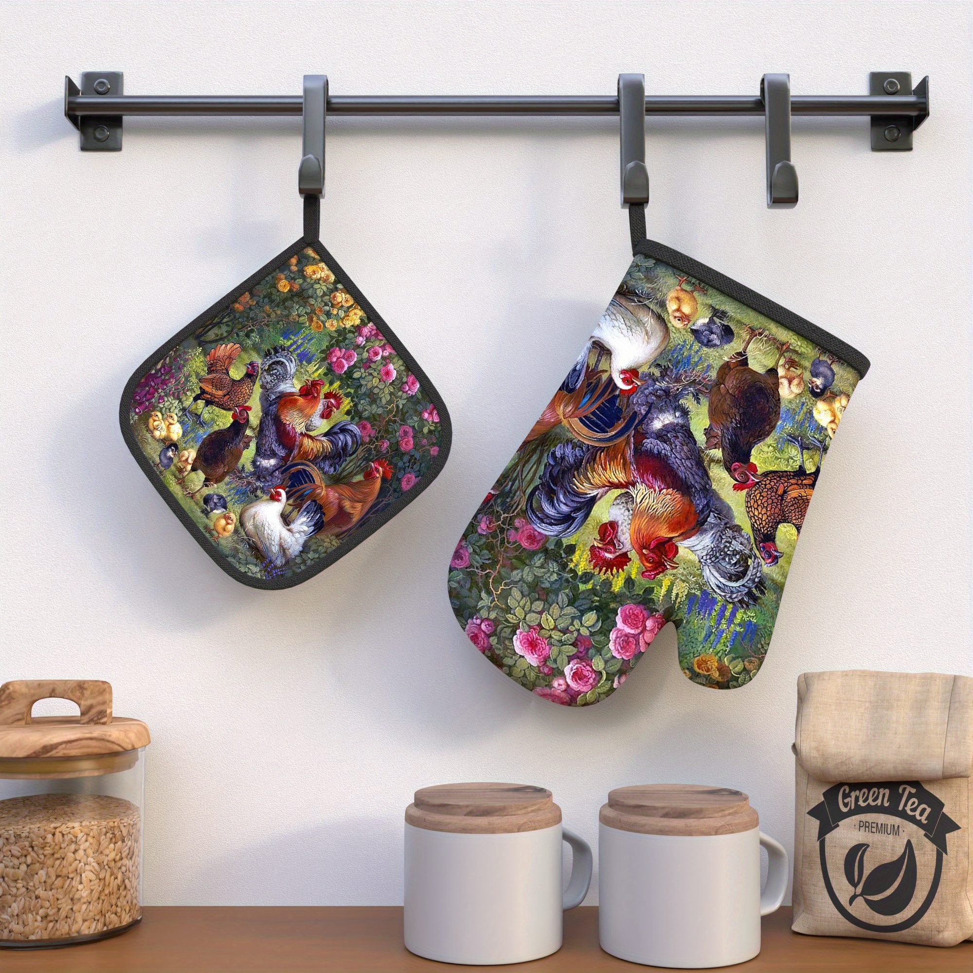 TEMU 2pcs 10.6*6.7 Inch Chicken Colorful Flowers Oven Mitts And Potholders Poultry Heat Resistant Oven Mitts And Pot Holders Suitable For Grilling,