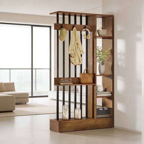 71 inch wooden room divider wall partition bookcase featuring shelves and coat hooks a contemporary decorative screen suitable for home and office in brown