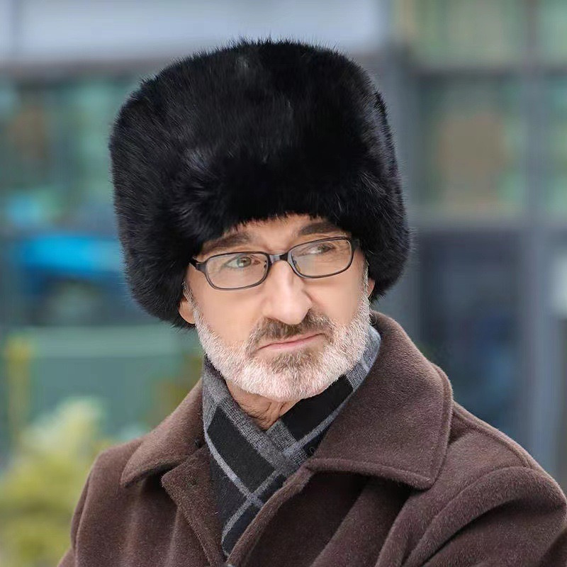 

Cozy Men's Rabbit Fur Winter Hat - , Warm & Stylish, Middle-aged & Elderly | Casual Black Style With Fluffy Fur For Cold