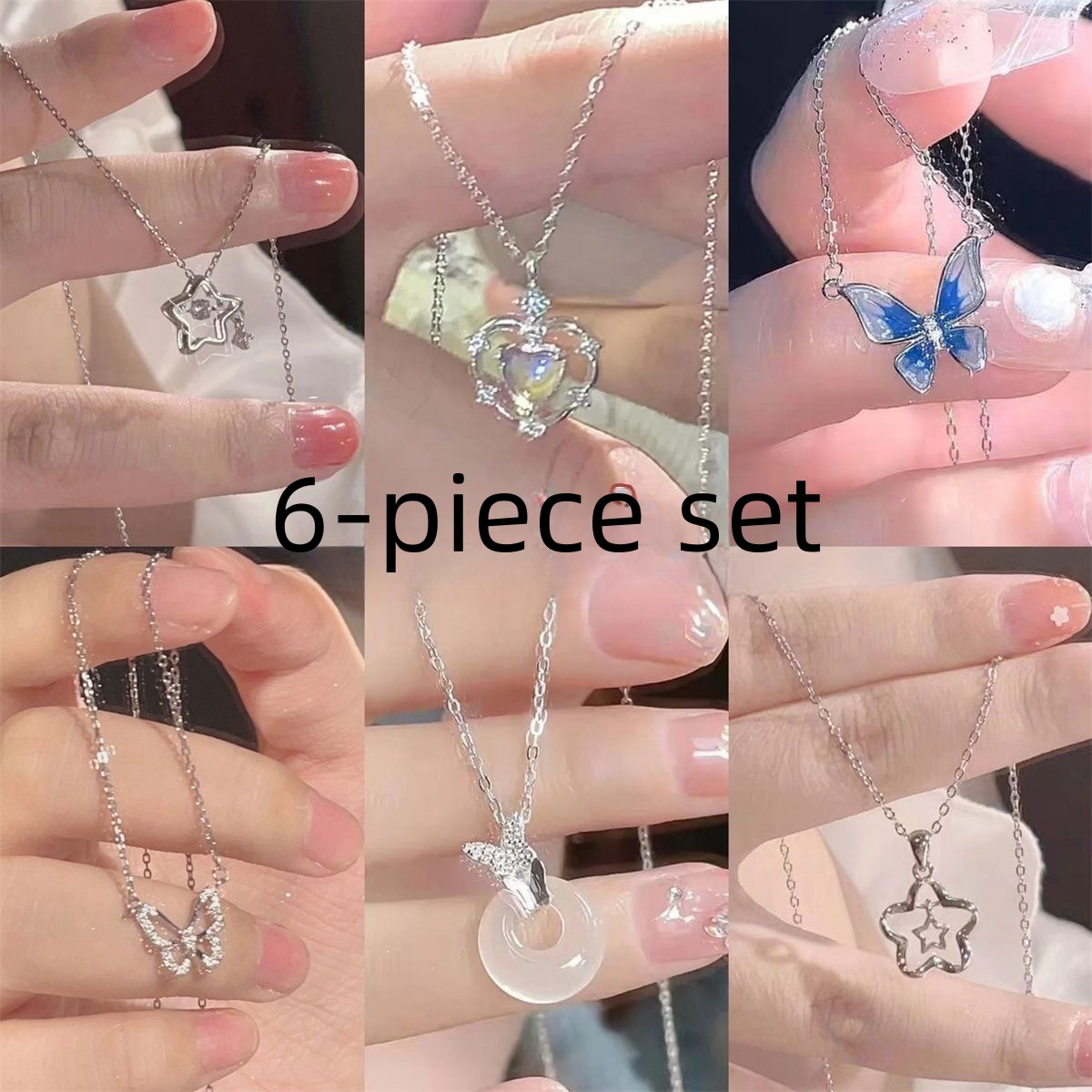 

6pcs Elegant Y-necklace Set For Women, Alloy With Inlay, Heart & Butterfly Pendants, Gifting And Parties, Valentine's Day Jewelry Collection