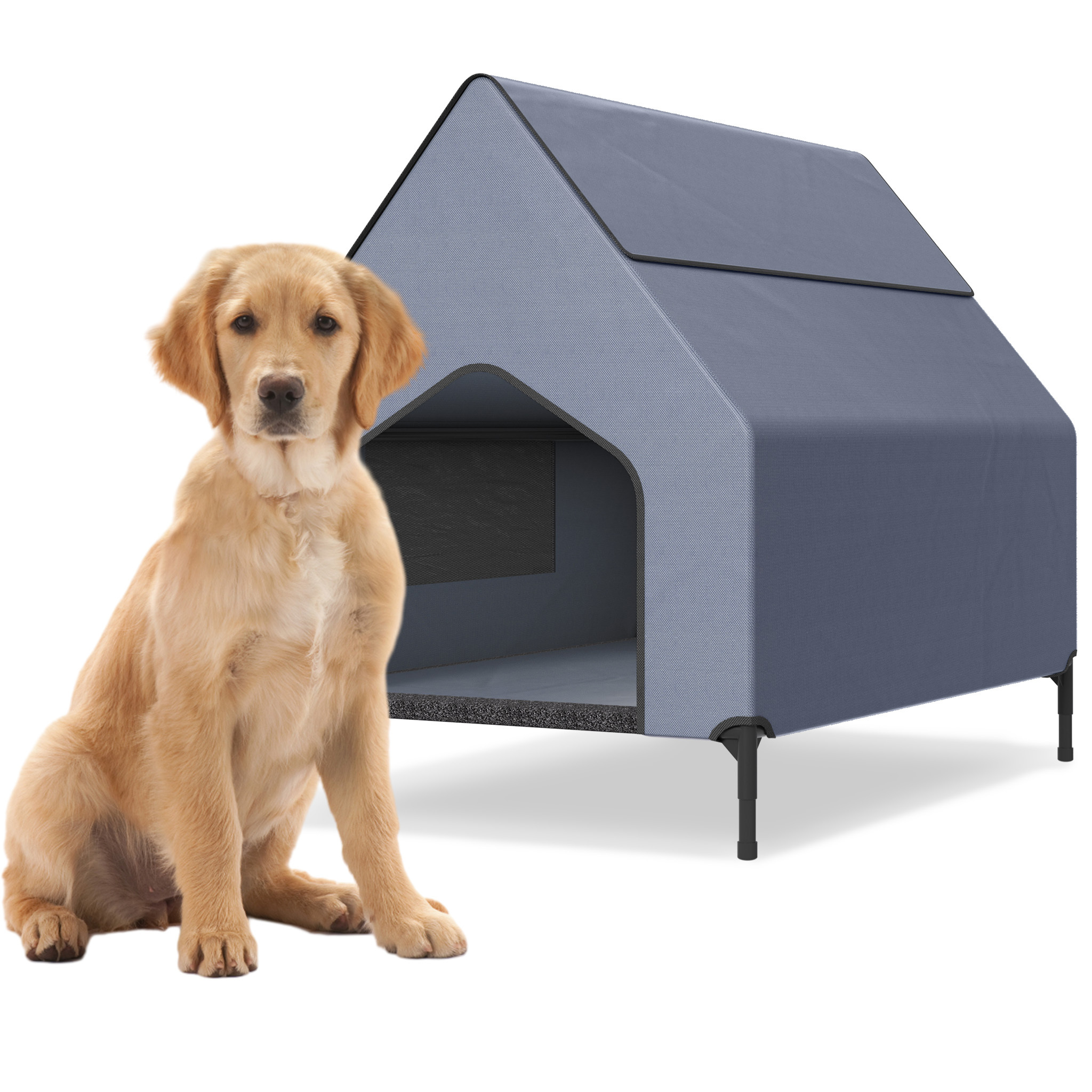 E-shop Hundebett mit Baldachin und Liege, erhältlich in den Größen 91X65.5X86.5Cm, 109.5X74.5X93Cm und 130X84X104Cm. Dieses Outdoor-Haustierzelt dient