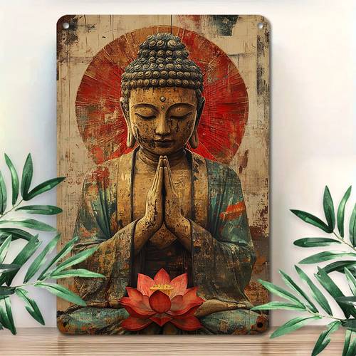 1pc vintage metal wall art 8x12 inch aluminum plaque with lotus meditation decor for decor