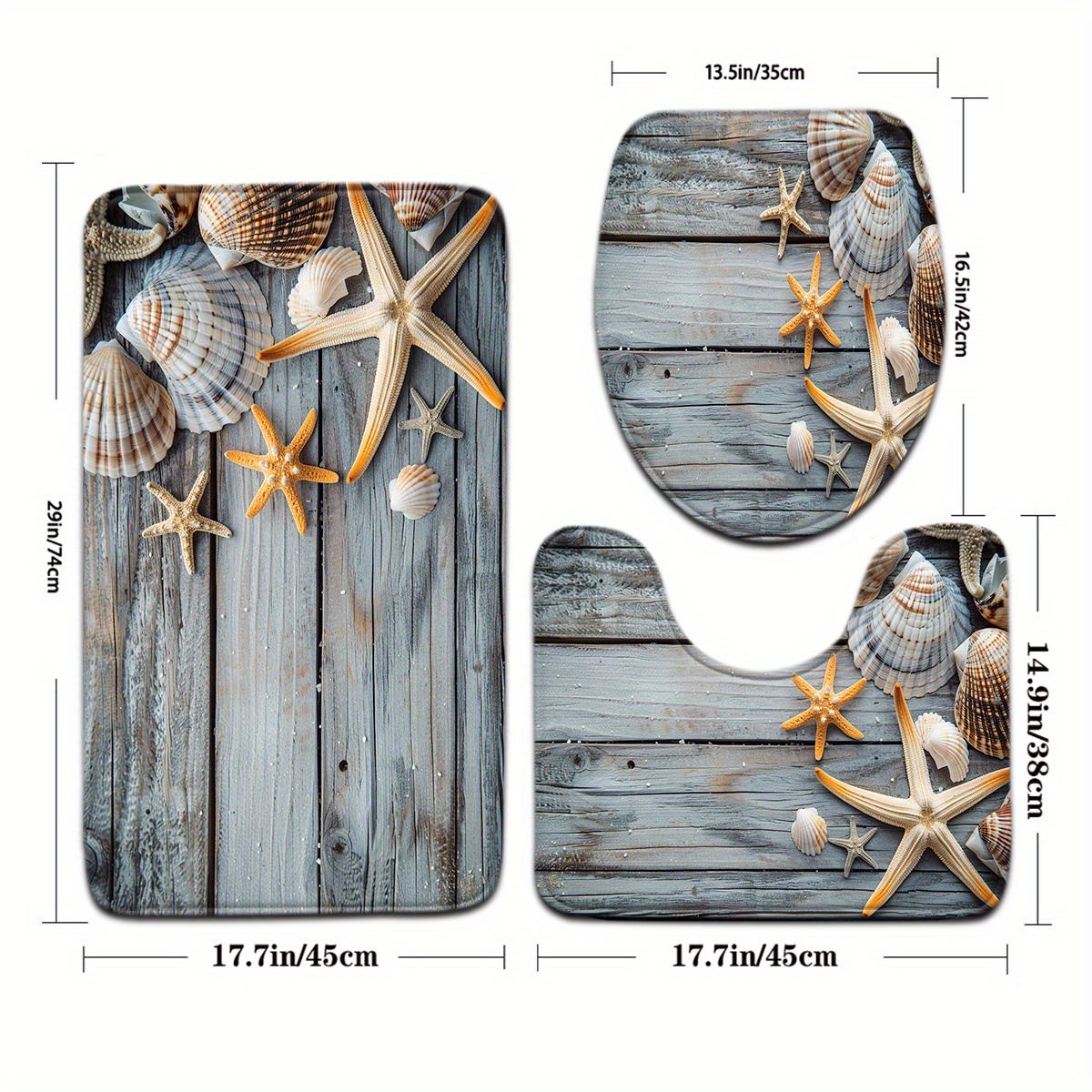 TEMU 3pcs Minimalist Modern Series Bathroom Mat Set With Beautiful Starfish And Shell Pattern, Including Toilet Seat Cover And U-shaped Foot Mat