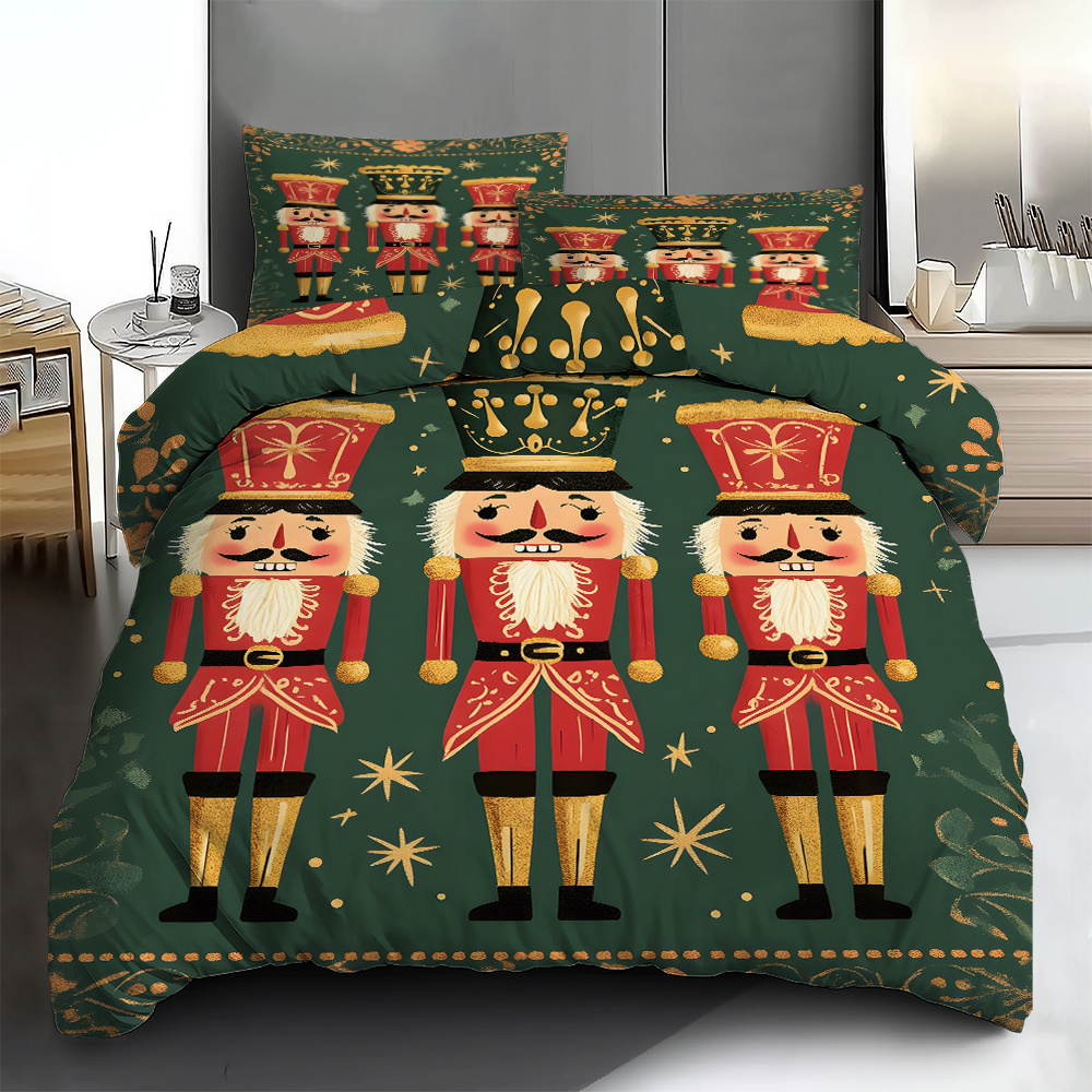 

3pcs Nutcracker Print Bedding Set - Soft Polyester Duvet Cover & 2 Pillowcases, Holiday Design, Machine Washable, Ideal For All , Bedroom Or Decor, Great Gift For , Bed Accessories