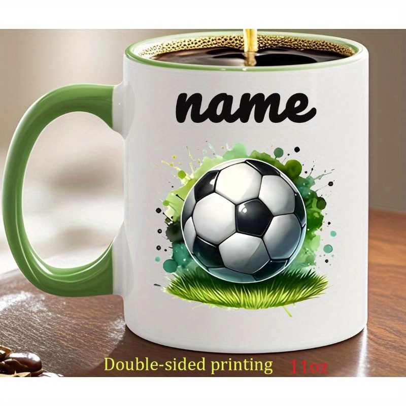 Personalized Soccer Football Fan Gift - Custom Name & Number On Double-sided 11oz Ceramic Mug With Grass Football Design, 7 Color Options - Ideal Birthday Christmas Present For Players & Supporters