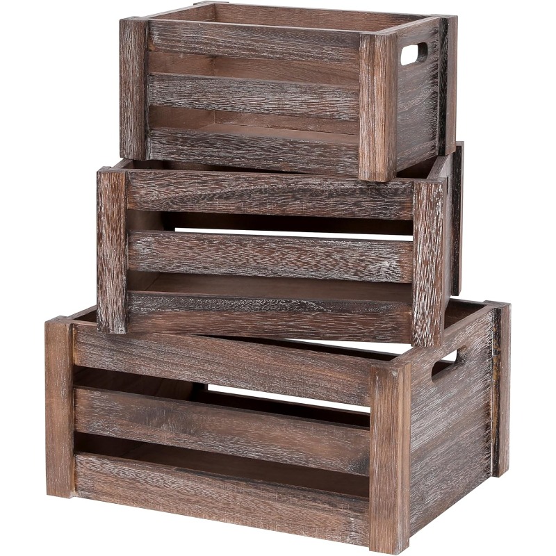 TEMU Large Wooden Crates Set Of 3, Rustic Handmade Wood Boxes For Storage Or Display, Solid Wood Decorative Boxes