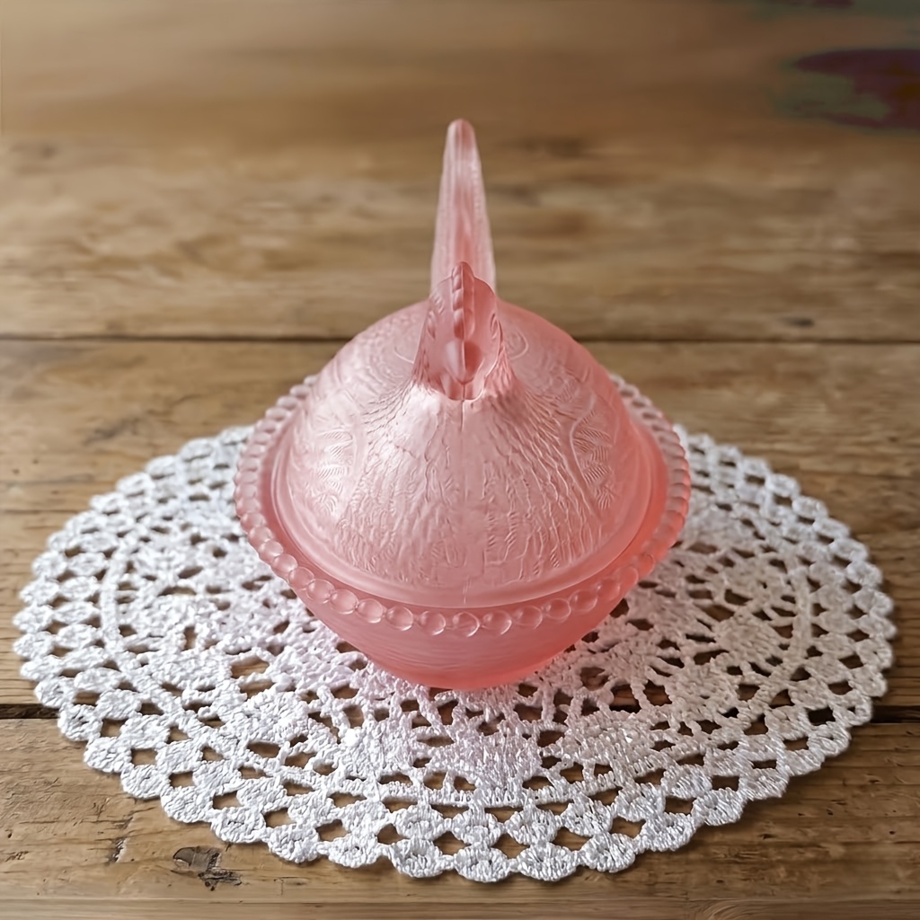 TEMU Vintage Hen-shaped Crystal Glass Storage Jar With Lace Tablecloth Set - 1 Reusable Hen-shaped Glass Jar With Lid + 1 Lace Tablecloth, Used For