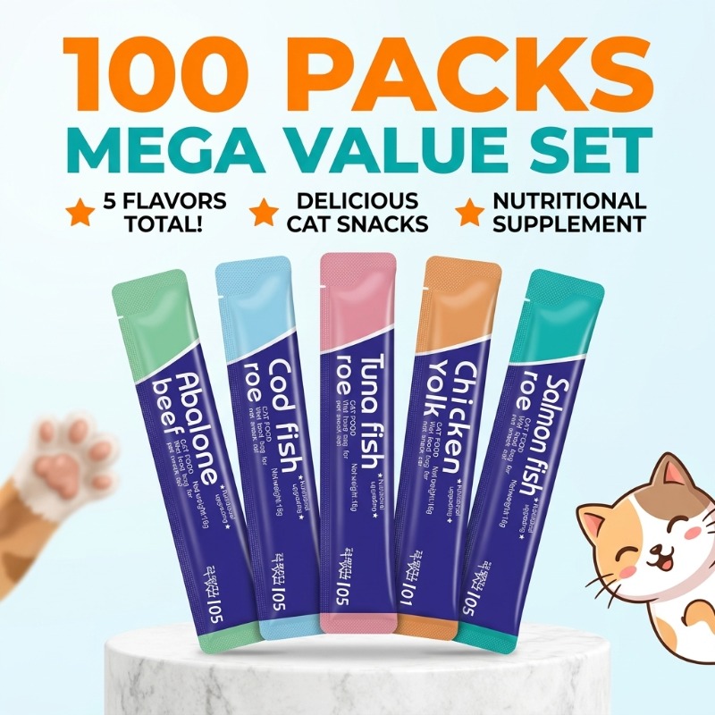 100pcs cat snacks one weighing 0 56oz 16g cat fattening nutrition strip 20 mixed cat strips in each of five flavors chicken egg yolk salmon fish roe cod fish roe abalone beef   roe Product details 12