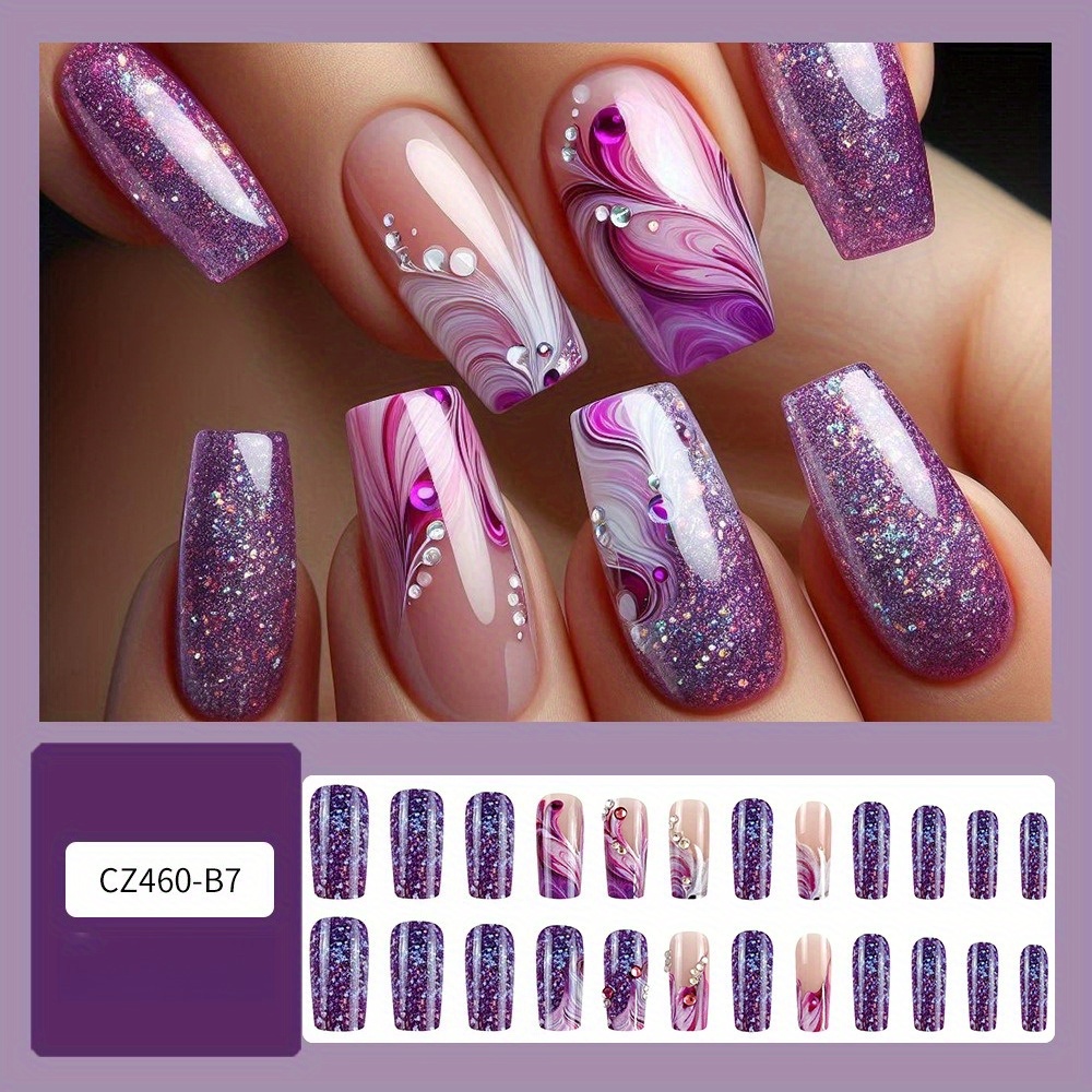 TEMU 48pcs Of Purple Charm Flowing Gradient French Inlaid Patch, Detachable, Suitable For Women's Parties, , And Special Occasions, Including Nail Kit (jelly Glue And Nail Rub)
