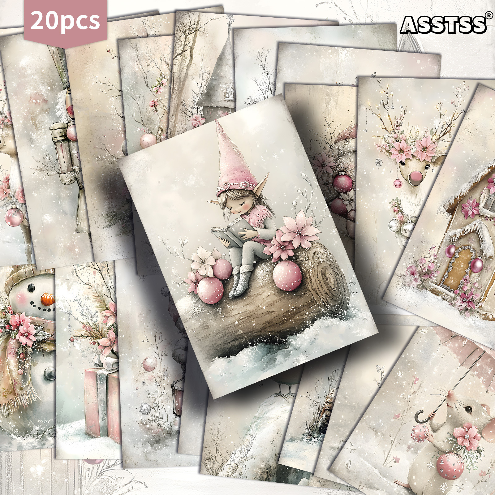 TEMU Set Of 20 Assorted Vintage Winter-themed Pink Christmas Postcards Measuring 4x6 Inches, Featuring Classic Pinup Artwork, Scrapbooking And