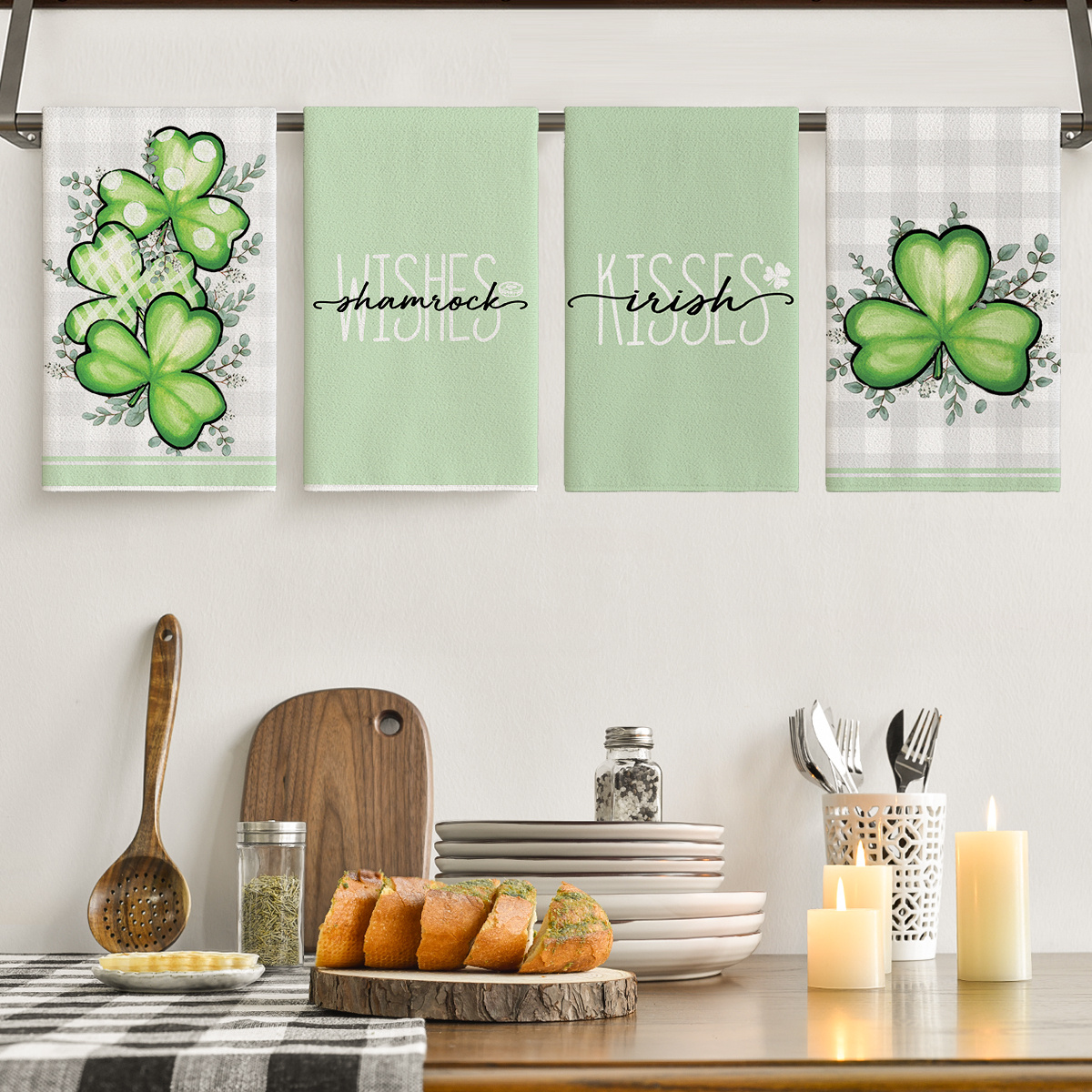 

Set Of 4 's Day Kitchen Towels - ", I'm Irish" & "wishes Shamrock" Designs, With Green & Eucalyptus Leaves, 18x26 Inch, Polyester, Machine Washable Hand Towels For Home Decor, Dish Towels For Kitchen