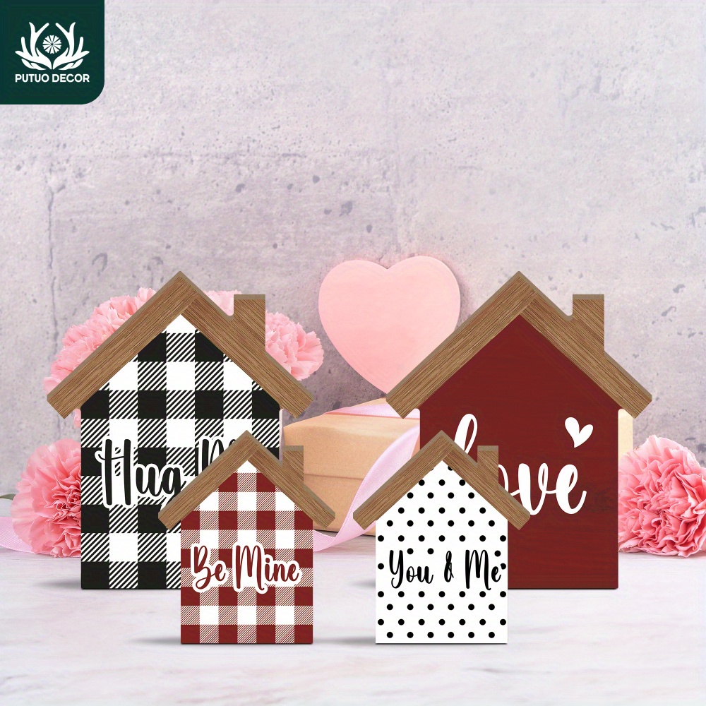 

4pcs Putuo Decor Wooden House Table Decor Set - "", "be ", "love", "you & Me" Designs - Valentine's Day Farmhouse Home & Cafe Decorations, No Electricity Or Feathers Required