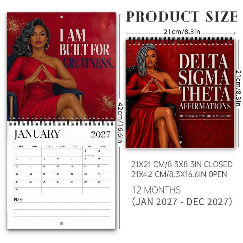 TEMU Black Sorority Affirmations 2027 Wall Calendar 12-month Spiral-bound Calendar Service & Marked Holidays Planning Halloween & Christmas Gift For
