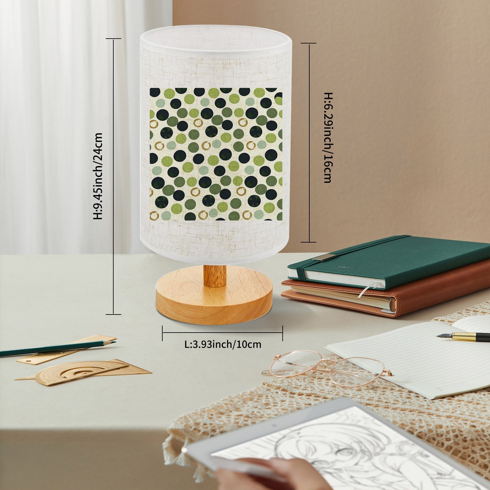 Wooden Table Lamp with Circular Print in Green, Black & Gold