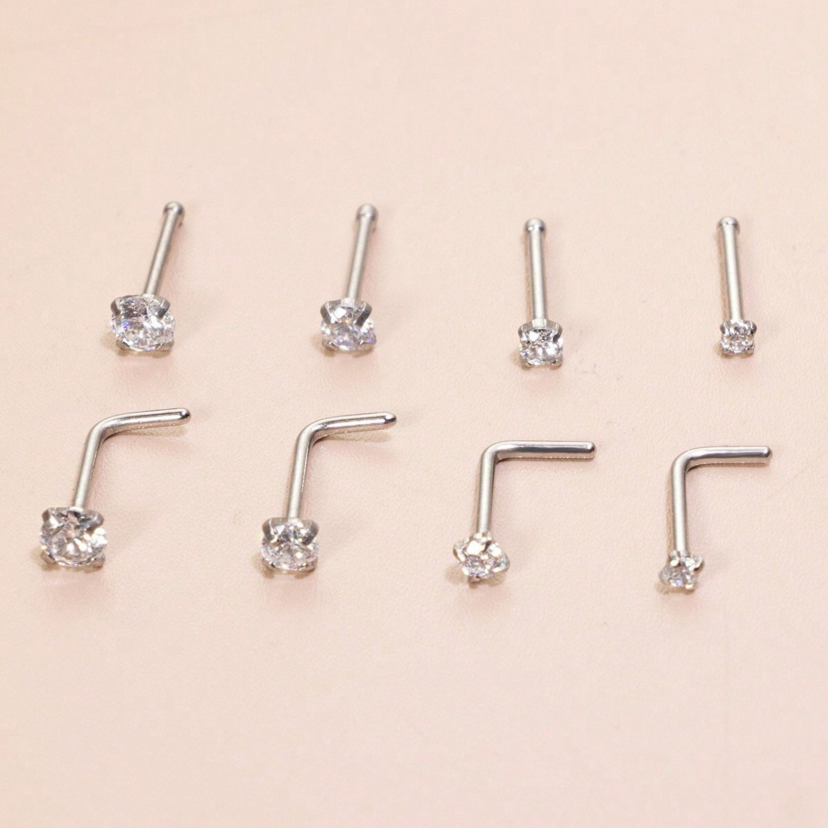 8pcs L Shape Nose Rings & Bone Nose Studs Set, 304 Stainless Steel