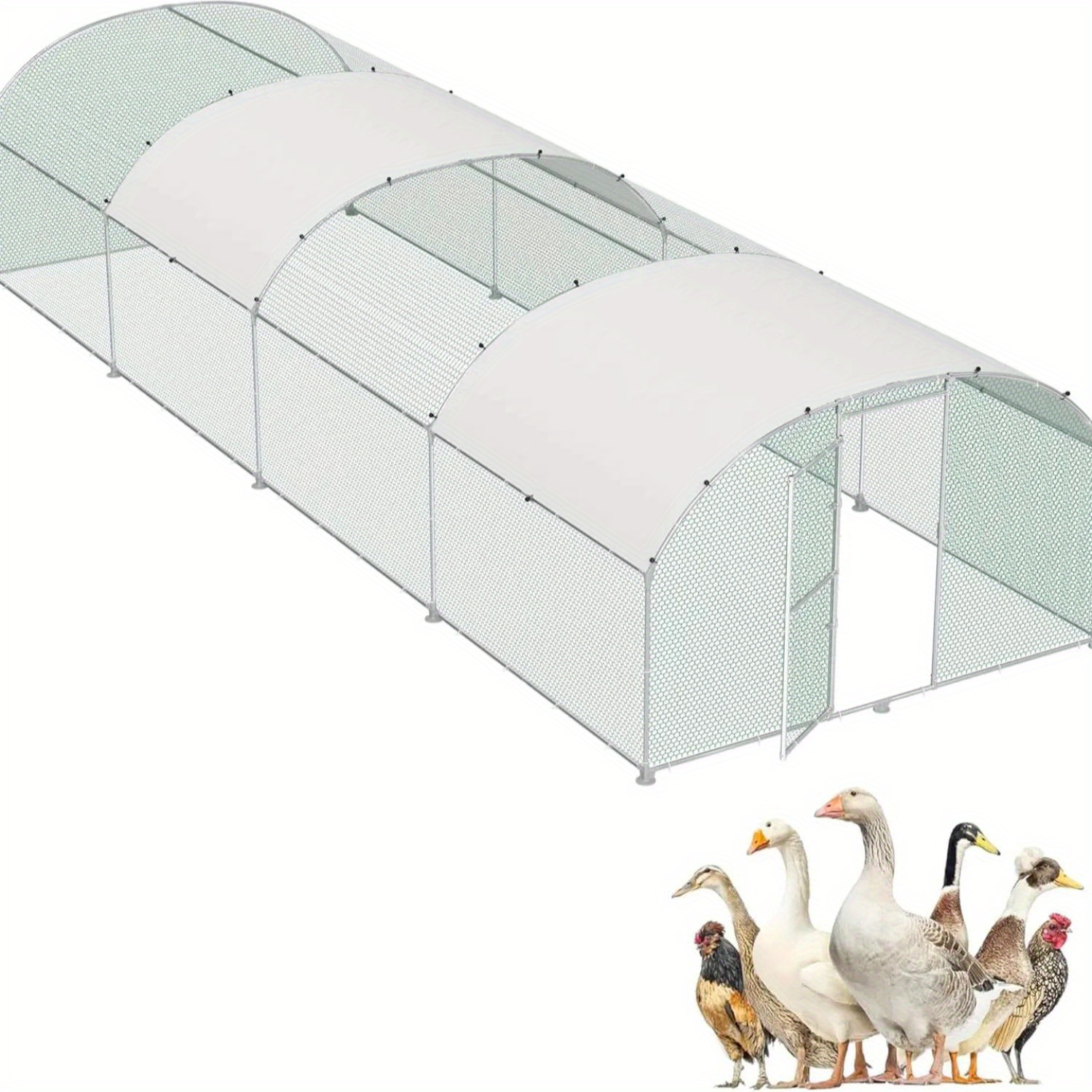 TEMU Galvanized Steel Chicken House With Arched Shade Roof & Door - Hexagonal Wire Mesh Free Range Coop For Chickens & Small Animals, Durable Pe